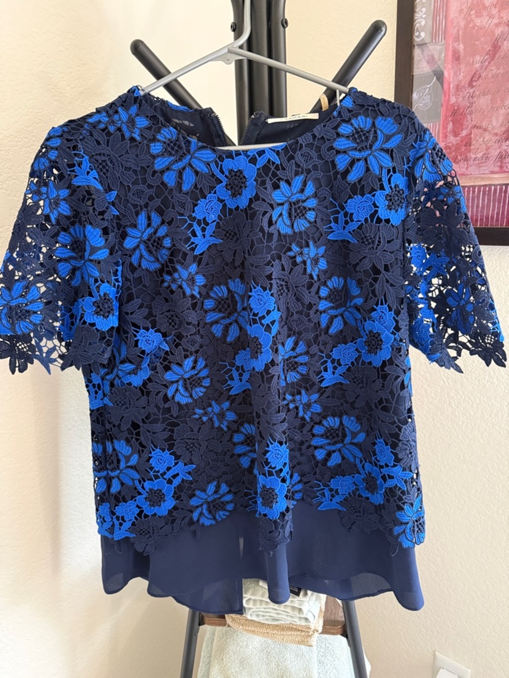 T Tahari Navy and Royal Blue Floral Lace Overlay Blouse